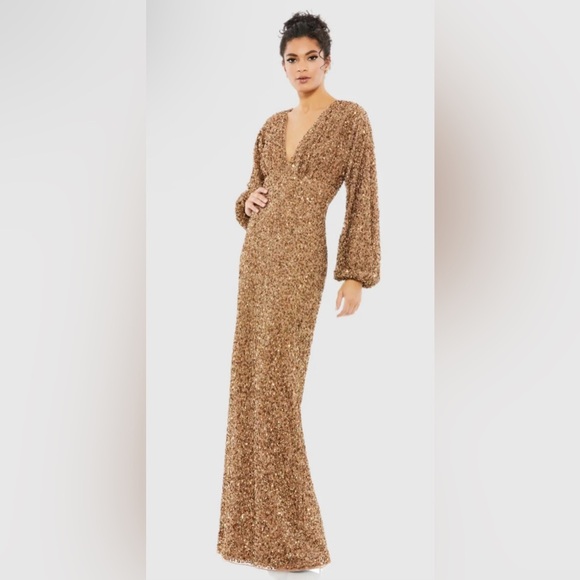 MAC DUGGAL Brown Sequined Puff Sleeve V Neck Gown Size 2 NWT Style 10791 - Picture 1 of 5